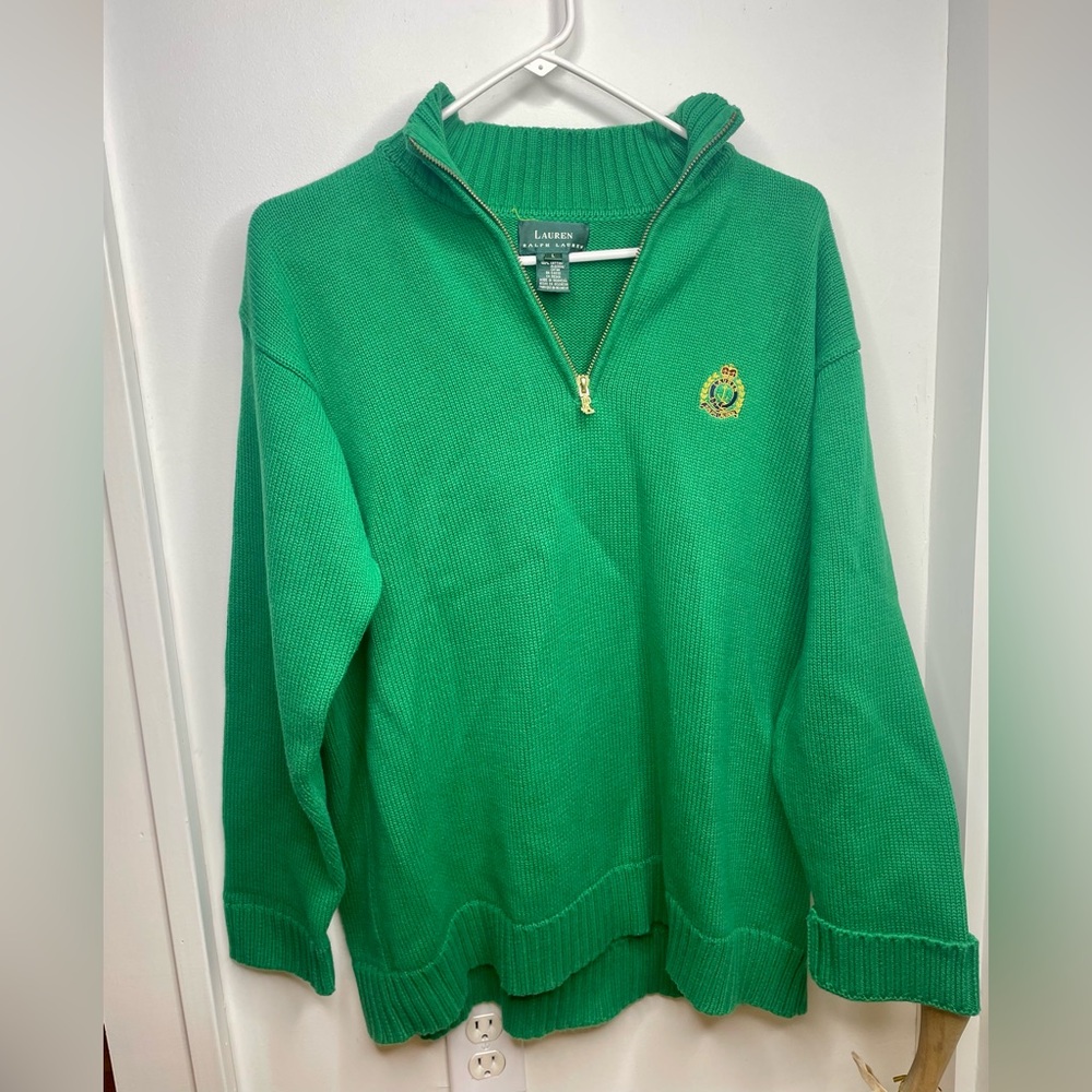 Lauren Ralph Lauren Vintage Unisex Green Quarter-Zip Sweater Large